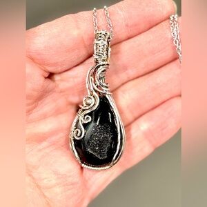 HAND CRAFTED Black Druzy Agate Wire Wrapped Silver Filled Pendant Necklace